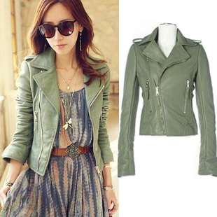 wholesale New Women's Zipper MODEL PU Leather red&green Jacket Lady  Coat Outerwear