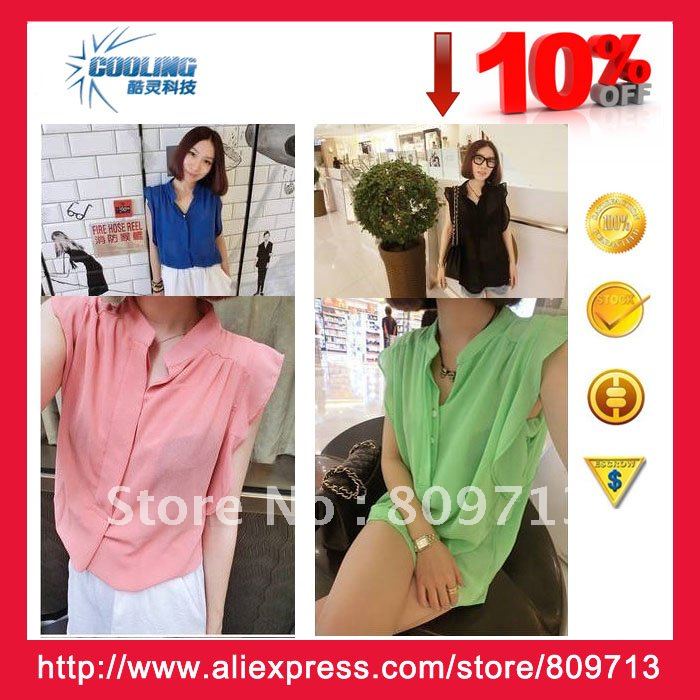 Wholesale price blouses for women 2012 summer new sleeveless colourful chiffon blouse small mandarin collar long blouse