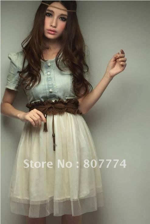 Wholesale Promotion Free shipping Denim+Tulle dress  Women's gracefull dress with belt dress (S/M/L) mix order