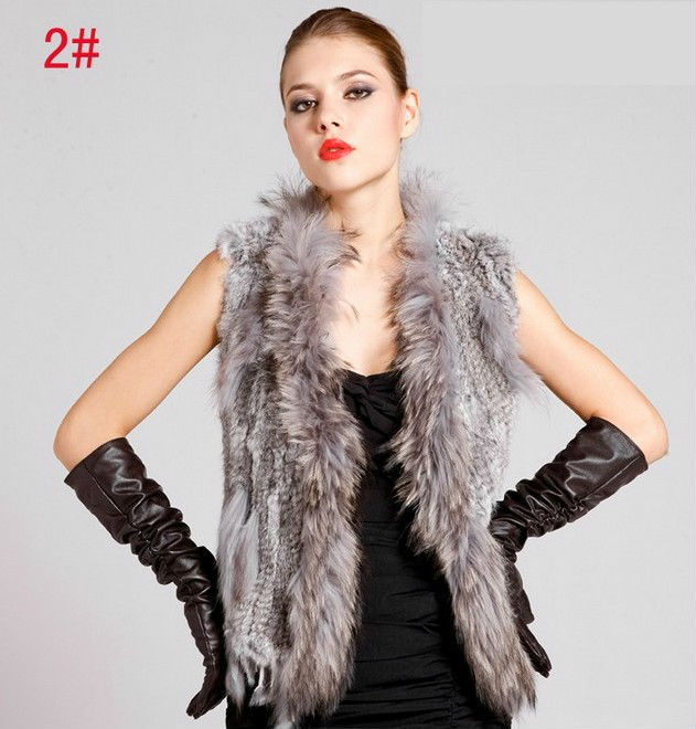 Wholesale Real Knitted Rabbit Fur coat Waistcoat Gilet with Raccoon collar fur Vest sleeveless jacket free shipping