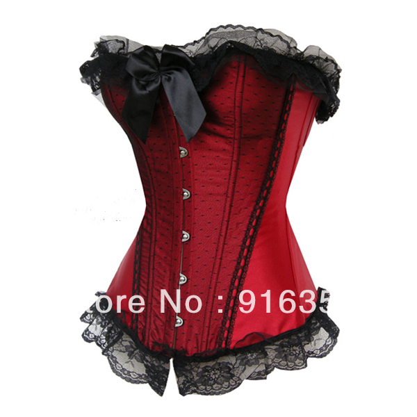 Wholesale Red Burlesque Satin Ribbon Lace up Boned Overbust Corset Bustier Lingerie S-2XL Free Shipping