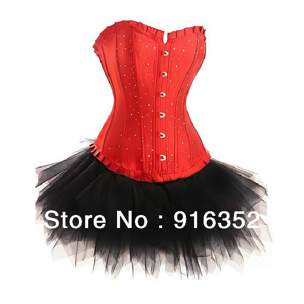 Wholesale Red Lace up Boned Rhinestones FANCY Corset DRESS Bustier with Mini TuTu Skirt Freeshipping