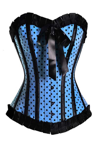 Wholesale/Retail Free Shipping Ruffle Blue 2PC Dot Blue& Black Corset With Satin Bows LB4331 Size S M L XL