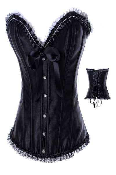 Wholesale/Retail Free Shipping Satin Black Sexy wholesale corset tops With Trimmed Ruffles And Satin Bows LB4365  Size S M L XL