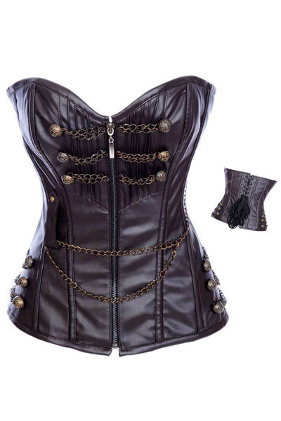 Wholesale/Retail Free ShippingGothic Style Sexy Lady Coffee Leather OverBust Corset With Cup LB4480 Size S M L XL