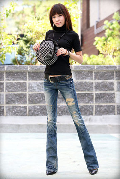 wholesale/retail New arrival distrressed pleated slim small bell bottom denim Jeans flares trousers, women pants Ad9505LK