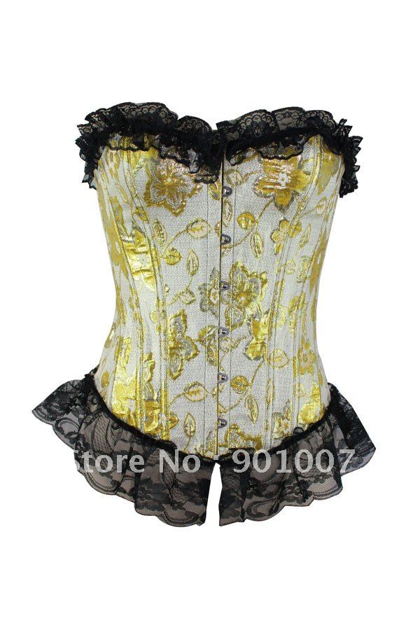 Wholesale&retail New sexy yellow flower waspie Garter corset bustier black lace 7062+freeshipping