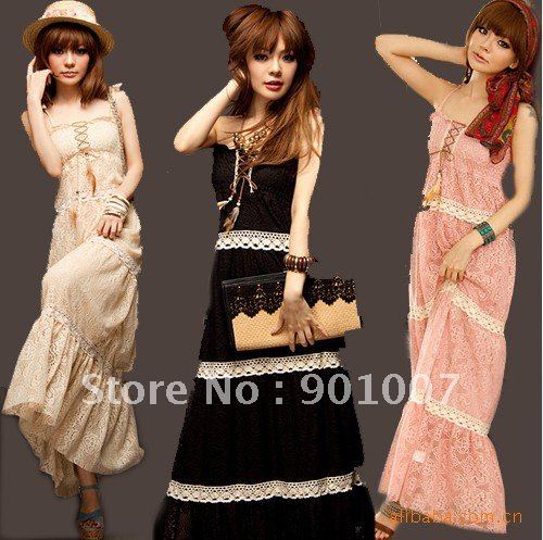 Wholesale&retail New Summer pink Lace Beach Dress Long Bohemia Maxi Dress X9615p freeshipping