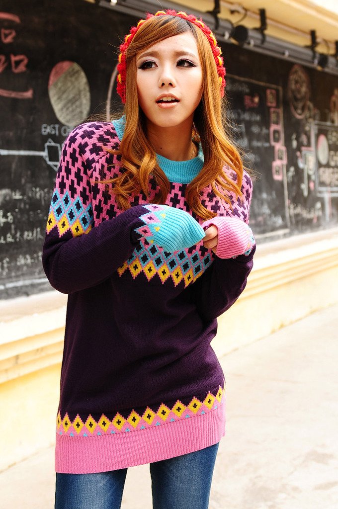 Wholesale Rhombus decorative pattern o-neck sweater all-match slim pullover multicolour sweater