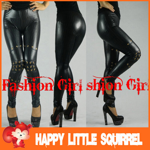 Wholesale Sexy black Fashion polish Faux Leather Rock Punk Rivet leggings pants club New