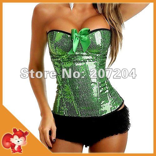 Wholesale Sexy Green Corset bustier lingerie Overbust  Moulin Rouge burlesque costume Sequin Zipper Corsets Hot push up