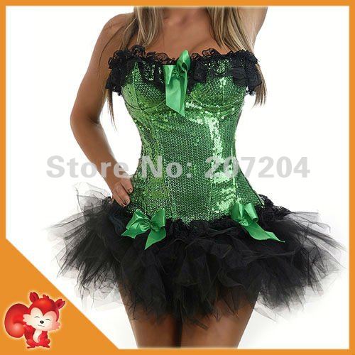 Wholesale Sexy Green Moulin Rouge Fancy Dress costume burlesque costume Sequin Zipper Corsets Dress tutu skirts FREE SHIPPING