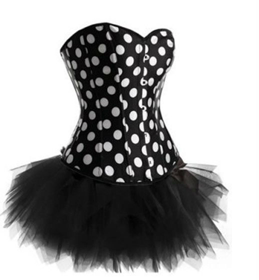 wholesale sexy lingerie black big polka dot corset and bustier top strapless overbust mini skirt