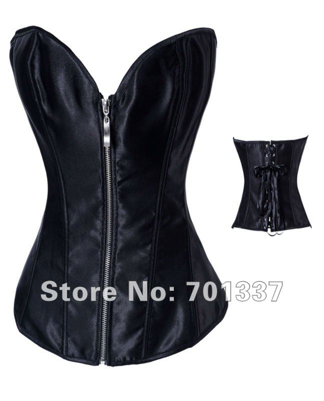 wholesale Sexy Lingerie Black Satin  Lace Up Bustiers Corset With Zip Party Wear A2806  S--XXL