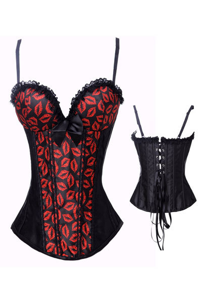 wholesale,sexy lingerie set,black belts corset,sweet red kiss print overbust,cheap lace corsets and bustiers,free shipping 4274