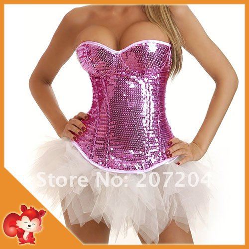 Wholesale Sexy Pink lingerie Sequin Zipper Corset Dress Moulin Rouge burlesque costume Overbust tutu skirt push up