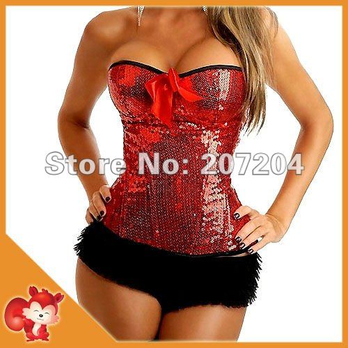 Wholesale Sexy Red lingerie Overbust  Moulin Rouge burlesque costume Sequin Zipper Corsets Hot push up