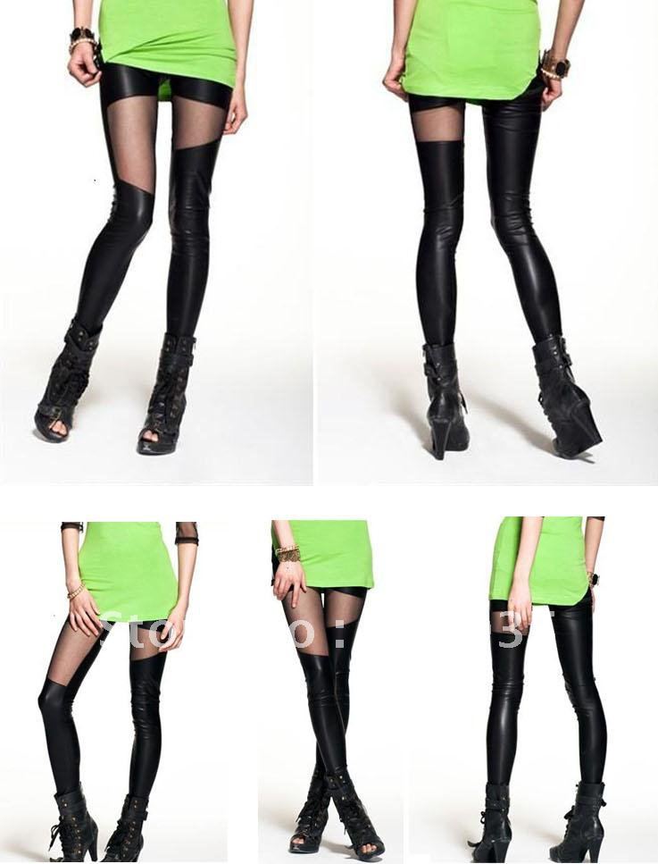 wholesale Sexy transparent network yarn imitation leather stitching nine points Leggings Free shipping