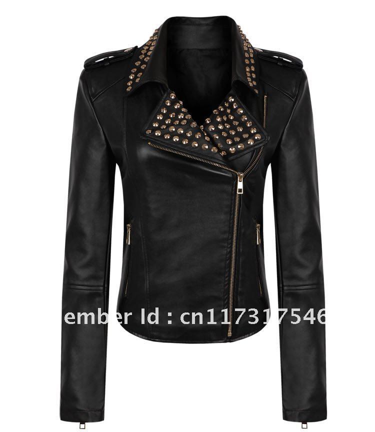 wholesale THOOO  brand Women Notched Lapel Punk Rock 3D Rivet Spiked Studded PU Leather Biker Jacket SIZE S M L XL 2XL 3XL