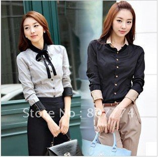 Wholesale Women Boetie OL Blouse Slim Fit Shirt Long Sleeve Office Lady Cotton Blouse Black,Grey S-L mix order FREE SHIPPING