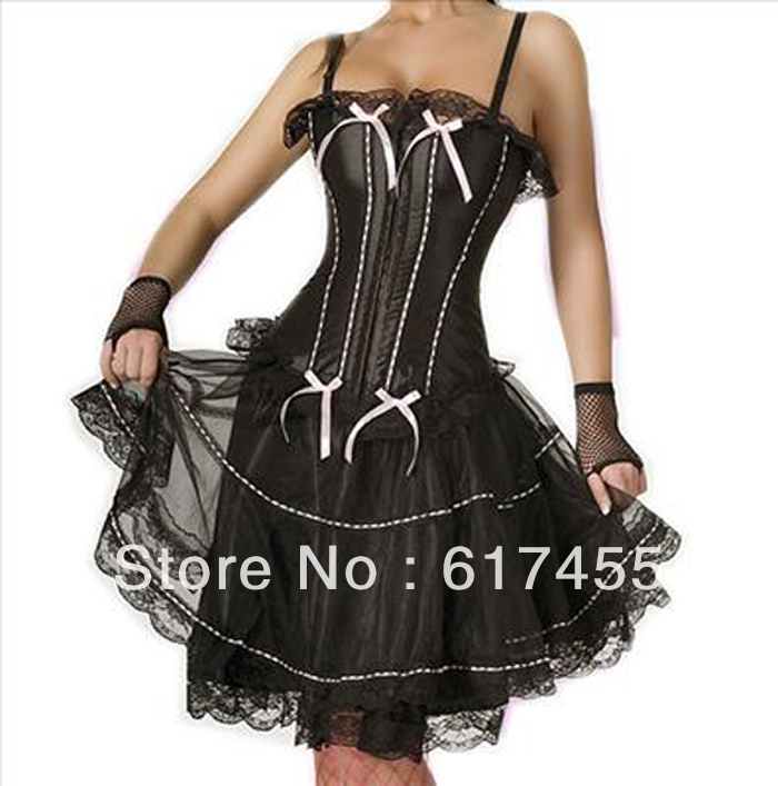 Wholesale  Women intimates sexy lingerie set satin corset with skirt  black pink 2670