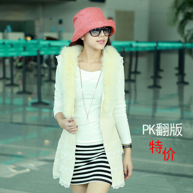 Wholesale Women's autumn and winter lace long design sweater vest rex rabbit hair knitted vest cardigan