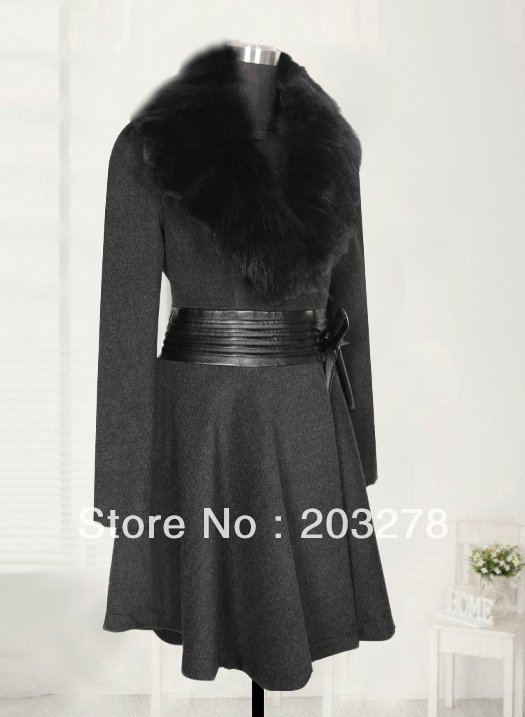 Wholesale  women's fur collar cashmere blend coat long outwear with belt black & purple women's winter jacket drop shipping