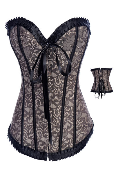 Wholesale! women's Sexy Gray Arabesquitic Overbust Fancy Corsets With Black Lace Ruffled Trimming LB4394