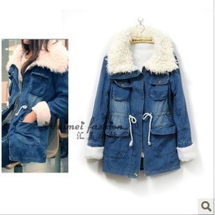 wholesale Women's two ways large lapel berber fleece the disassemblability drawstring slim waist denim wadded jacket outerwear