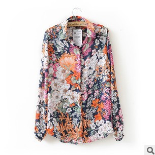 Wholesale Women Vintage Flower Print Long Sleeve Chiffon Blouses Ladies Fashion Shirts Free Shipping 3-042