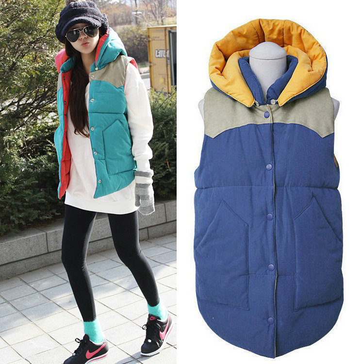 Wholesales 2013 winter casual colorant match single breasted big pocket cotton-padded vest with a hood vest