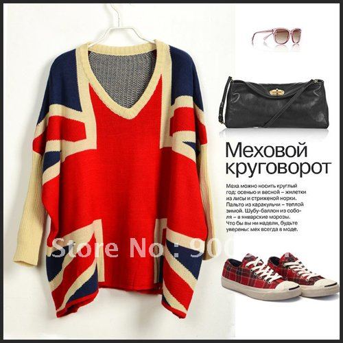 Wholesales NWT SP63 Ladies Classic Bat Sleeves British Flag Sweaters Jumpers