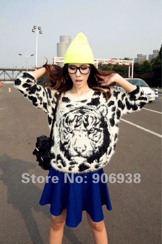 Wholsale 2012 Autumn Women's Plush mohair Casual leopard Printed tiger head Pullover sweater,Free Shipping