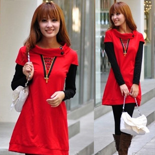 Wholsale 2012 New Autumn long-sleeve sweet patchwork faux two piece Women's Casual Dress,Free Shipping