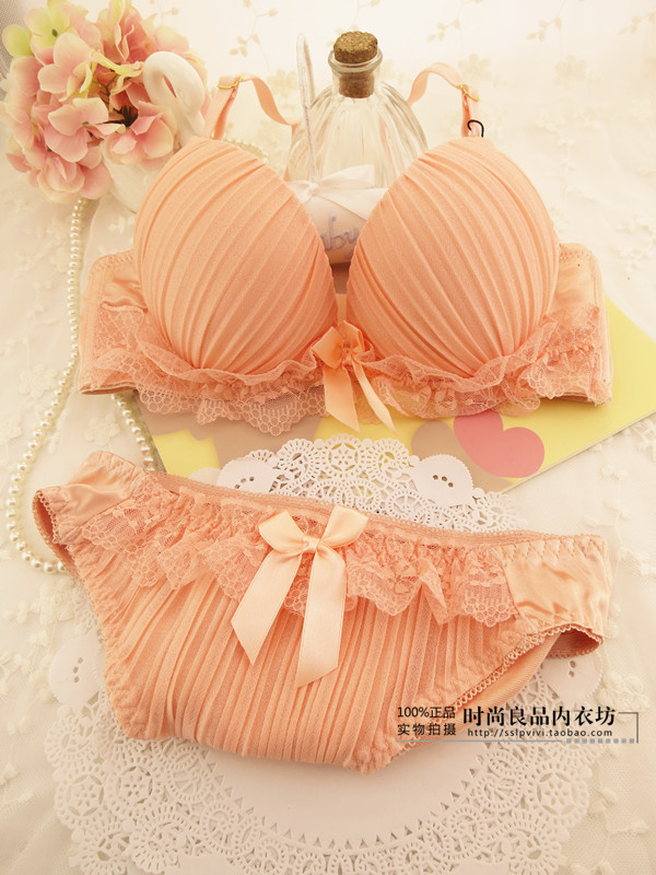 Whosale/retail French romantic . lace 3 breasted underwear bra set push up sweet juniors bra pink pleated