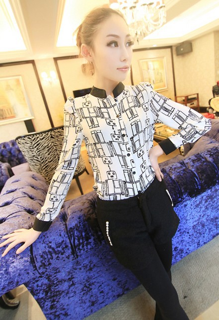 Whosesale 2013 spring new European and American Wind Puff robot pattern chiffon shirt,free shipping