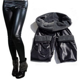 Windproof waterproof oil autumn and winter thickening plus size high-elastic faux leather velvet legging warm pants female ankle