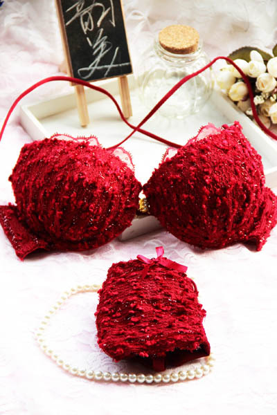 Wine red eyeholes bra set elegant sexy push up underwear married the bride bra