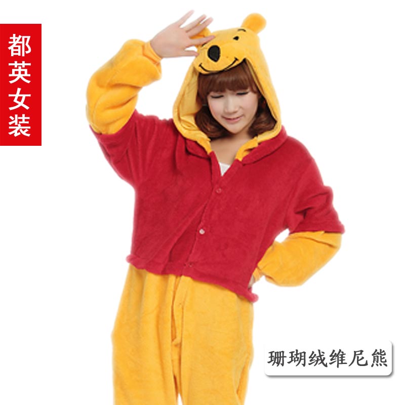 WINNIE coral fleece cartoon one piece sleepwear lovers at home service costume