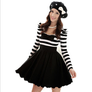 winter and spring  the chiffon bowknot  black and white strip patchwork  long-sleeved pleated dress wholesale freeshipping