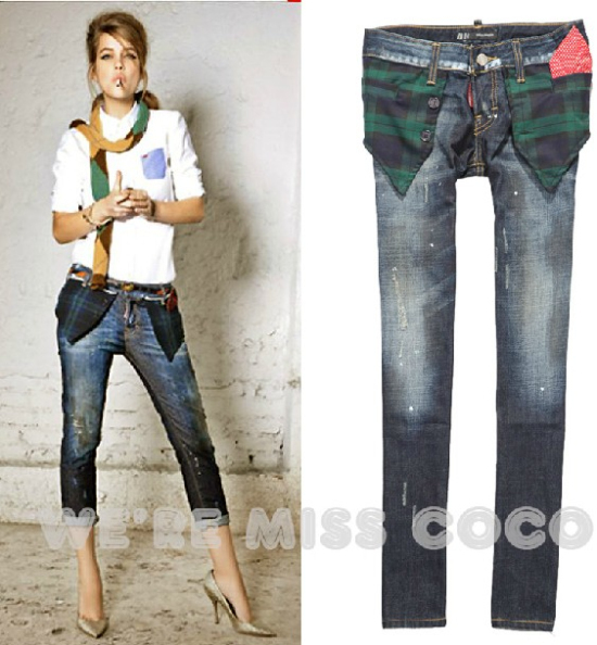 Winter/Autumn New Preppy Style Pockets Joint Low Rise 9-length Skinny Denim Jeans for Ladies Women