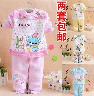 Winter baby button cartoon cotton-padded thermal underwear set child autumn and winter 100% cotton lounge