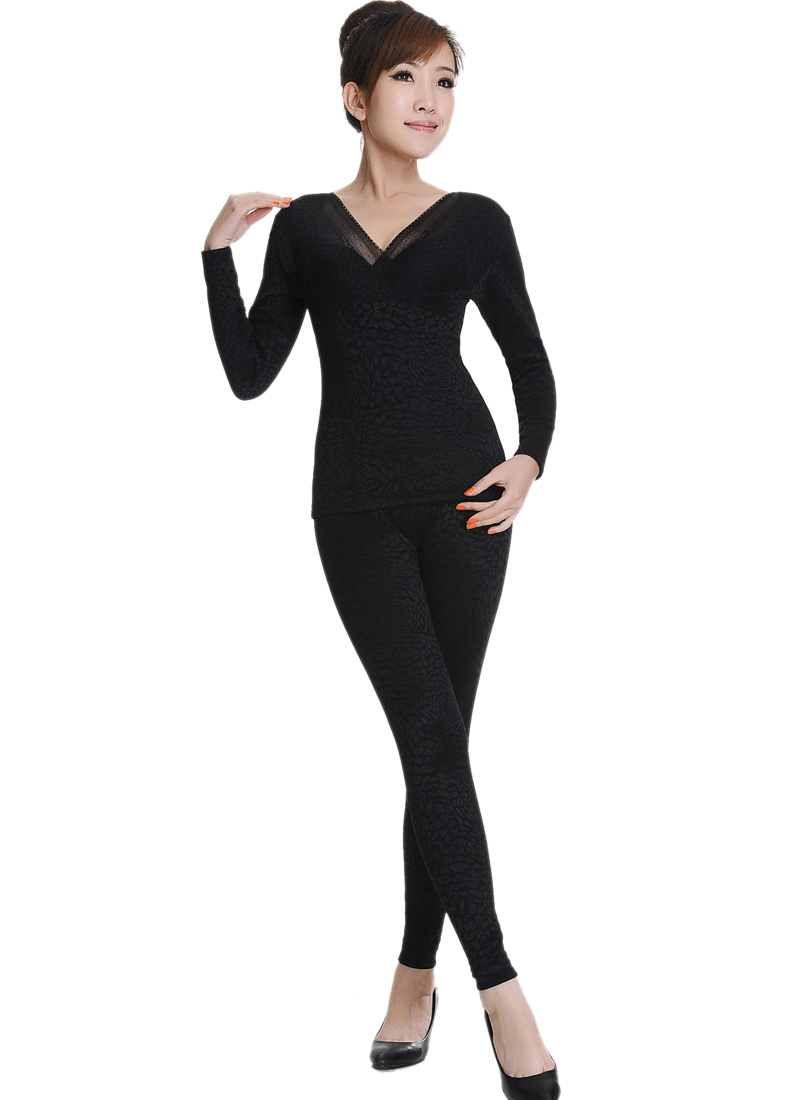 Winter bamboo charcoal plus velvet women's slim tube top V-neck fashion body shaping beauty care thermal clothing set