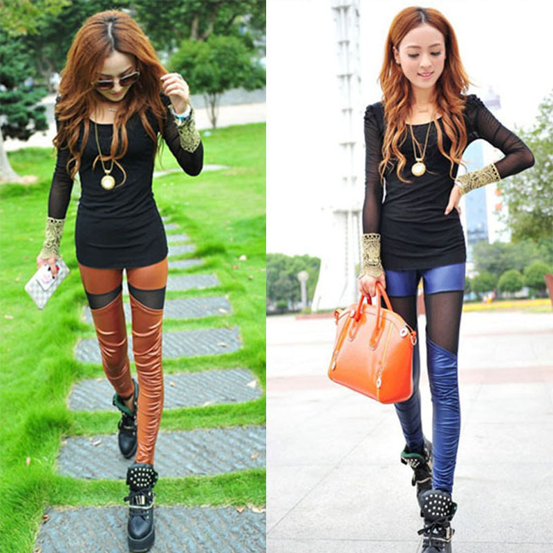 Winter candy color leather pleated leather net patchwork thickening legging ankle length trousers