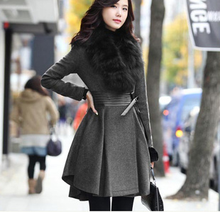 Winter classic gray and black fur collar pleated leather waist woolen coat, jacket, windbreaker