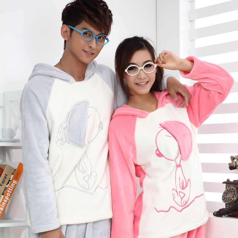 Winter coral fleece lovers sleepwear male women's cartoon SNOOPY long-sleeve thickening lounge set