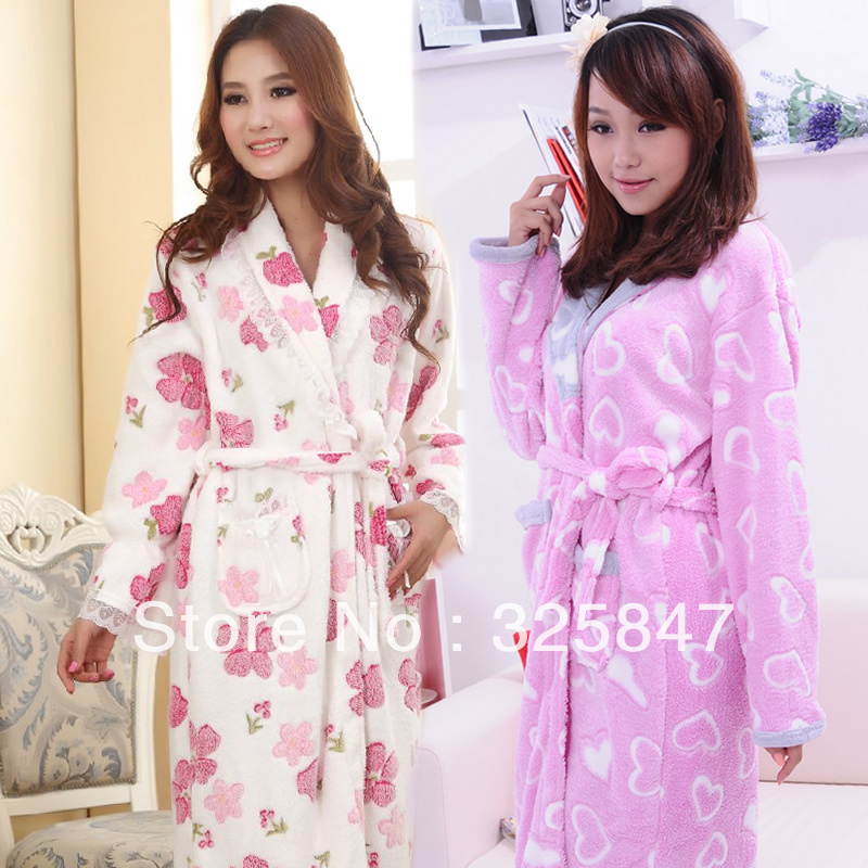 Winter coral fleece robe heart women's long-sleeve bathrobes thickening plus size home casual sleepwear