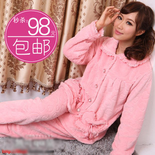 Winter coral fleece sleepwear female thickening coral fleece set lounge flannel sleepwear love cardigan