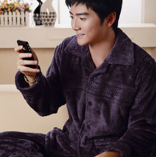 Winter coral fleece sleepwear male thickening coral fleece set lounge purple double-breasted thermal