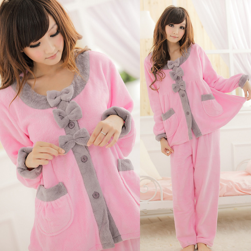 Winter coral fleece sleepwear women's long-sleeve thickening thermal robe set lounge